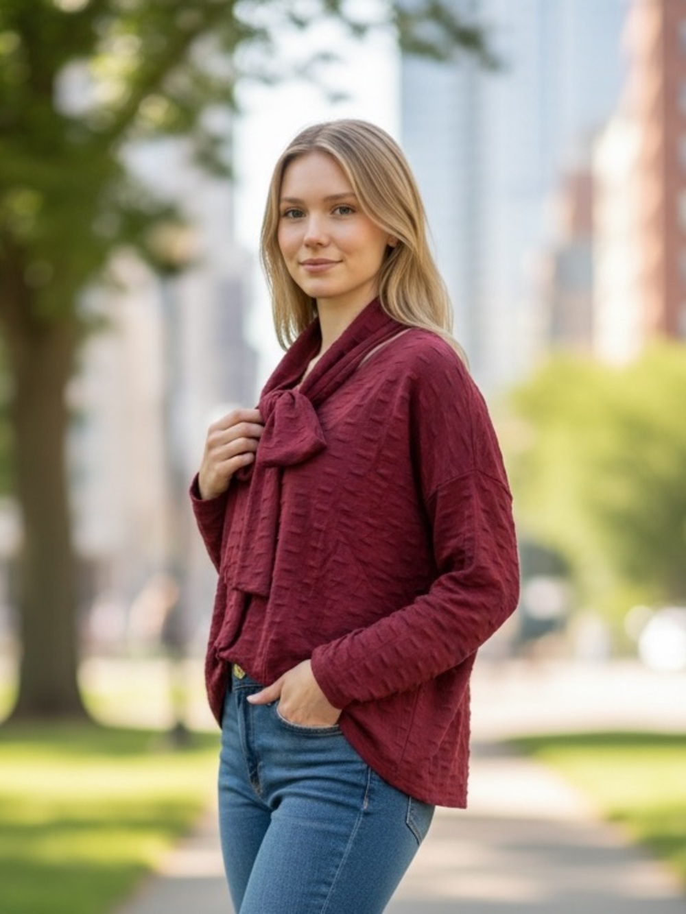 Made in Italy Textured Knit Top & Scarf Set – Burgundy – One Size